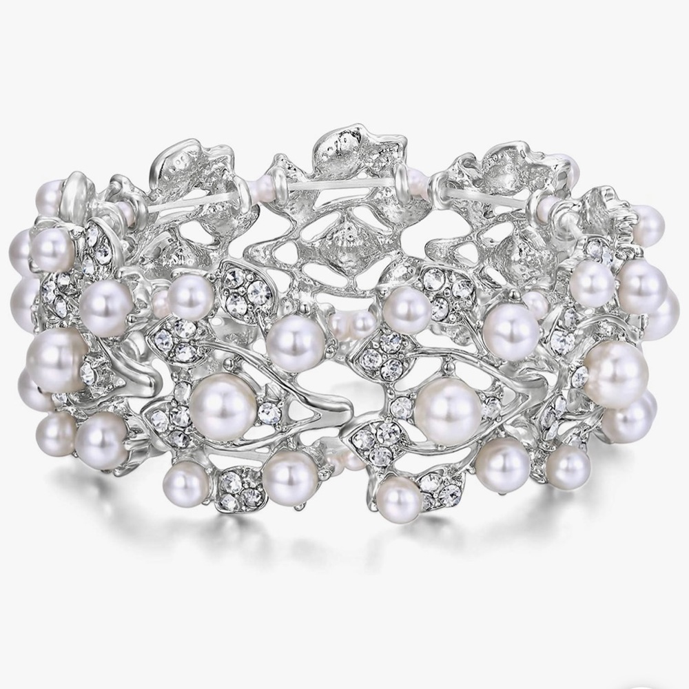 Crystal Simulated Pearl 1920’s Leaf Stretch Bracelet NIB